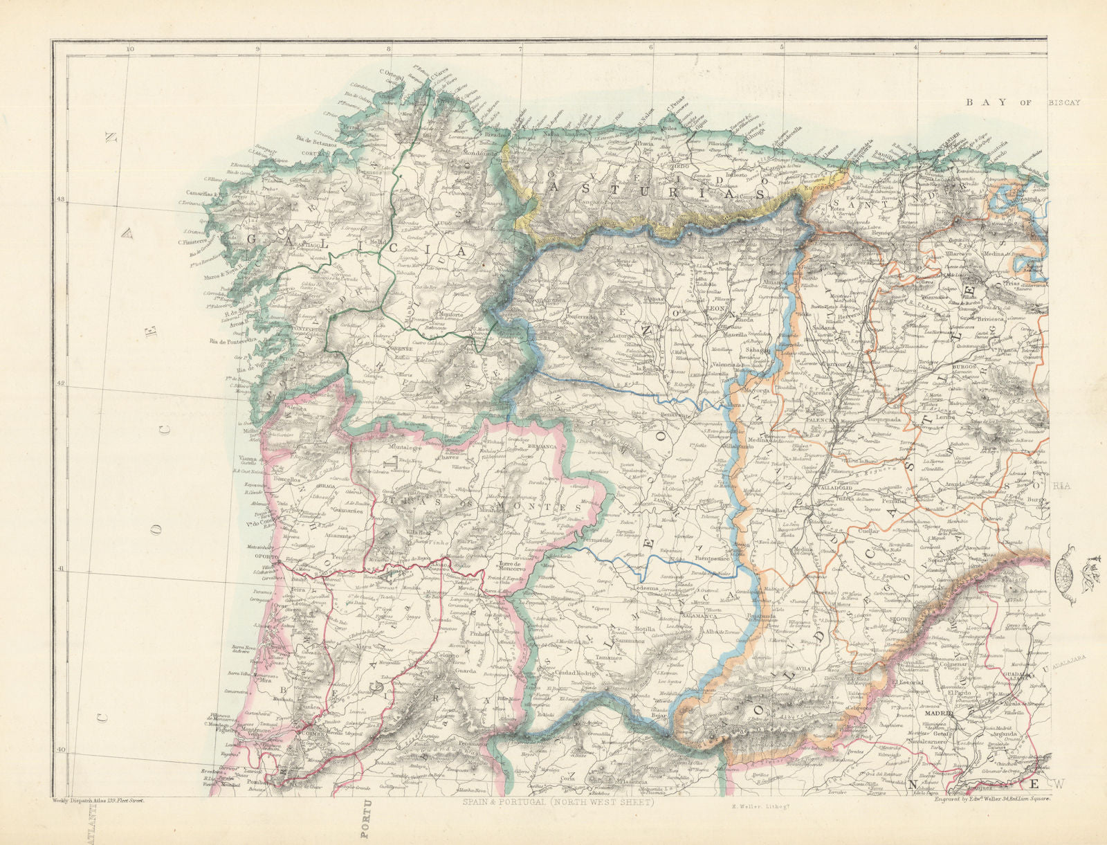 IBERIA NW. Galicia Asturias Oporto Leon Santander Castille. WELLER 1863 map